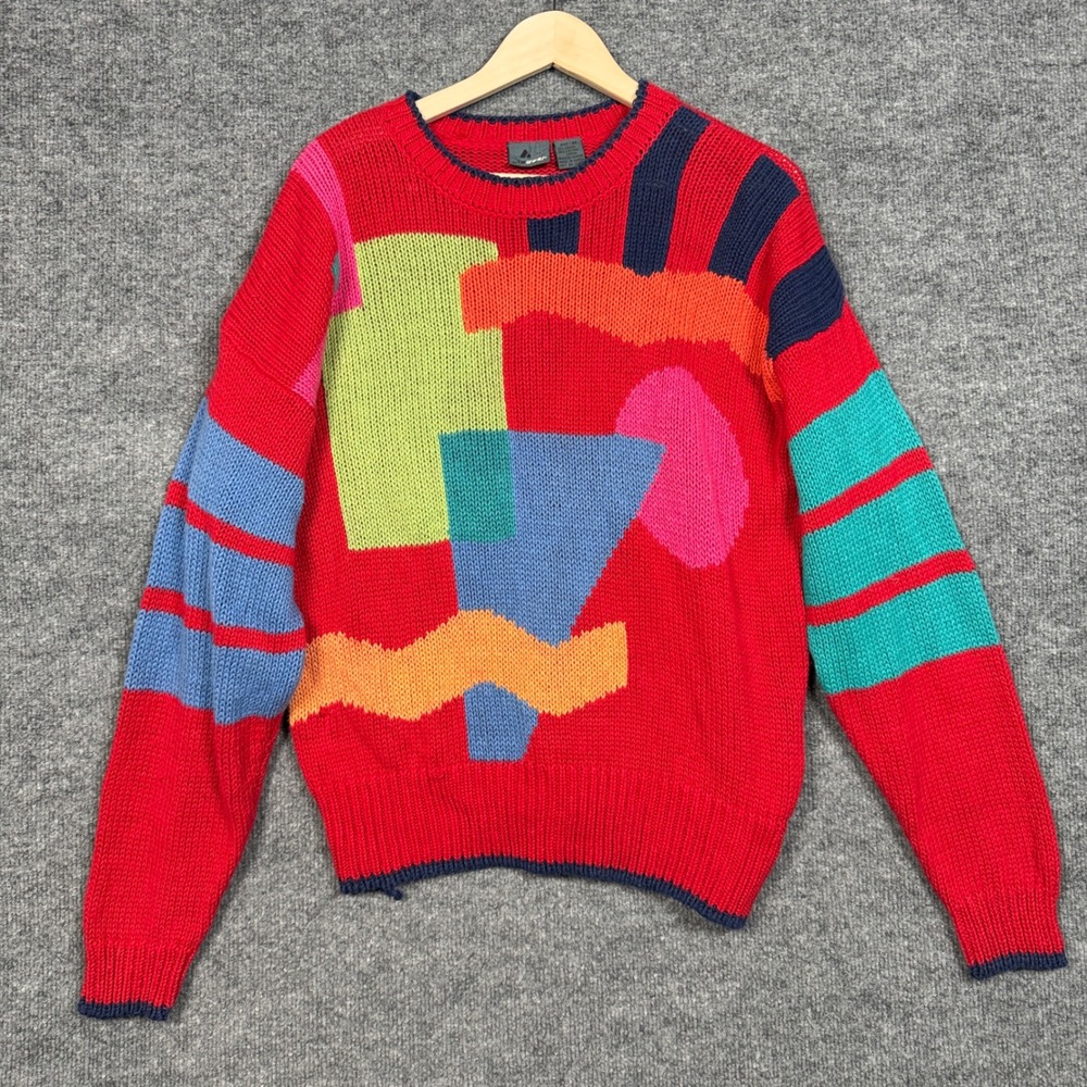 Vintage 80's Lizwear Sz Medium Sweater Red Ramie Cotton Blend Geometric Abstract